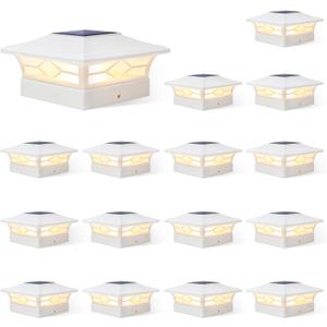 JOFIOS Solar Fence Post Lights, Cap Lights for 4x4/5x5 Vinyl Fence and 4x4/6x6 Wooden Post, Warm White/Cool White Lighting, White Solar Cap Outdoor Waterproof Decorate Garden Pathway Deck Patio (16pack)