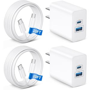 iPhone 17 Charger, 2-Pack 45W Fast Charging Dual Port Type C Power Adapter, USB C Charger Block for iPhone 17/17 Pro/17 Pro Max/Air/16/15 Pro Max/Plus, iPad, with Long 10FT USB-C Cable Cord (White)