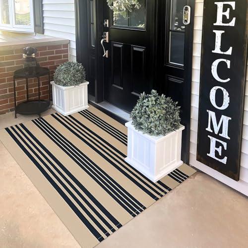 KILOCOCO Striped Rug 3'X5' Front Door Mat Outdoor Welcome Mats Rugs Outdoor Cotton Washable Front Porch Rug Layered Doormats for Kitchen/Farmhouse/Entryway/Patio, Brown