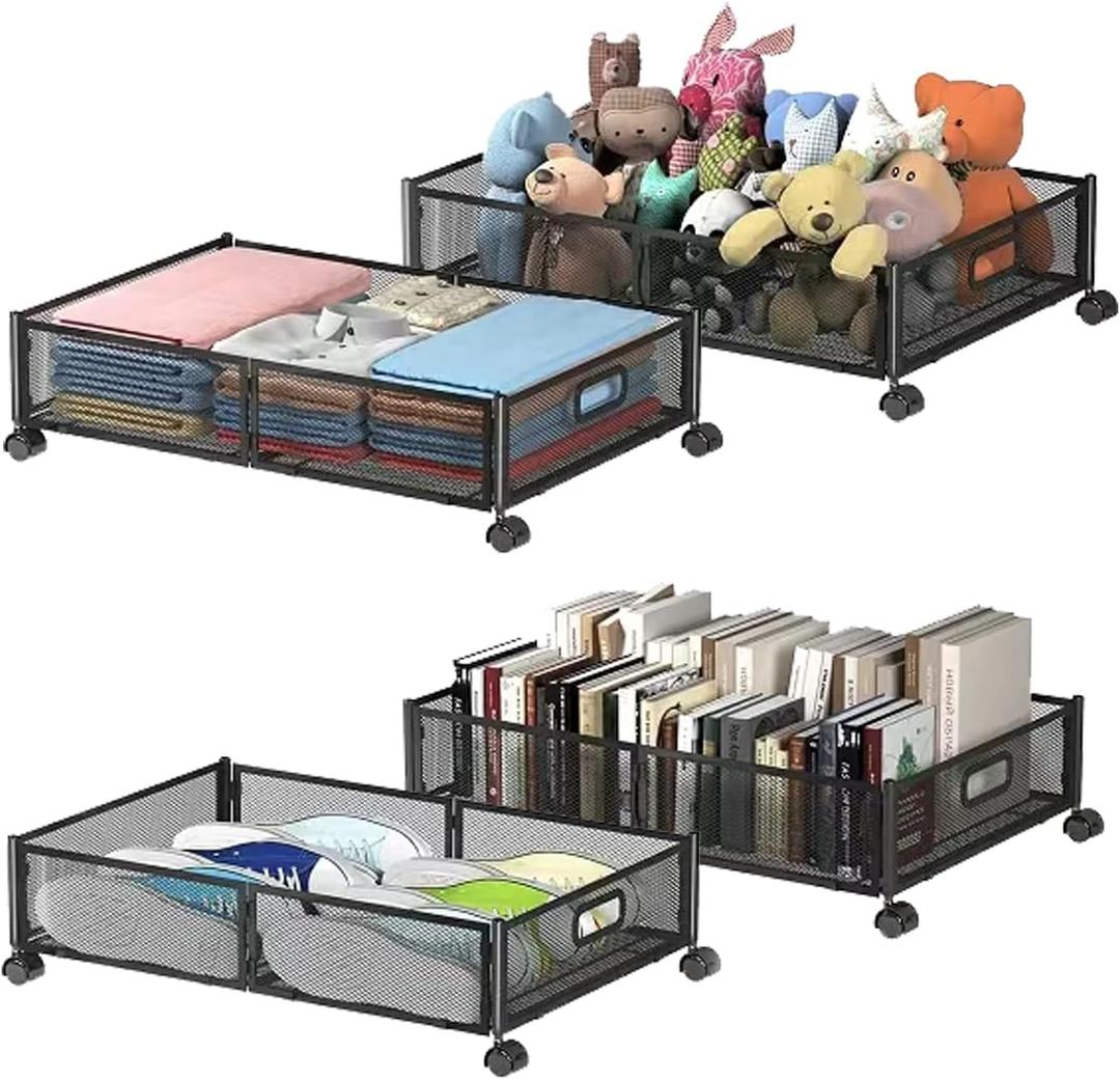 Foldable Bedroom Storage Organization with Handles - Under Bed Storage Containers with Wheels - Bins Drawer for Clothes, Blankets and Shoes (4 PACK, BLACK)