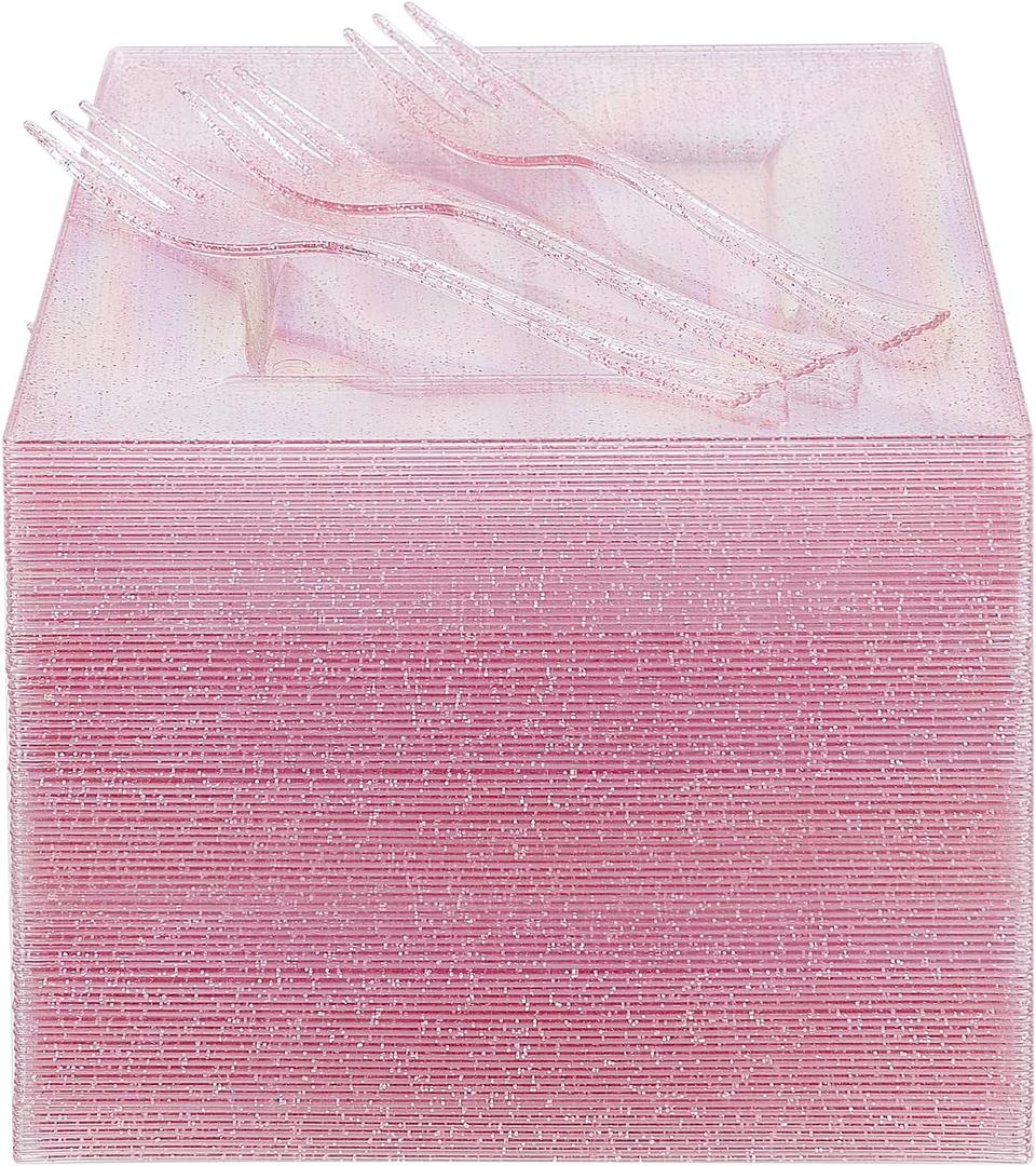 DaYammi 200 Pcs Pink Dessert Plates Including 100Pcs Appetizer plates 6'',100Pcs Plastic Forks 5.7'',Rose Glitter Plastic Square Plate for Wedding,Pink Cake plates and forks for Mother's Day Party