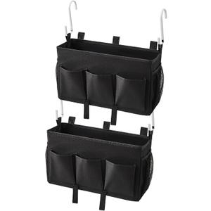 Over-the-Bed Storage Caddy, Black Bedside Organizer with 3 Pockets and 2 Hooks and 3 Fixed Straps, 2 Pack (Black2 pack)