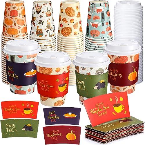Lallisa 90 Pack 12 oz Thanksgiving Paper Coffee Cups with Lids and Sleeves Fall Disposable Coffee Cups Bulk for Autumn Thanksgiving Hot Cold Beverage Drinking Party Supplies(Stylish Style)