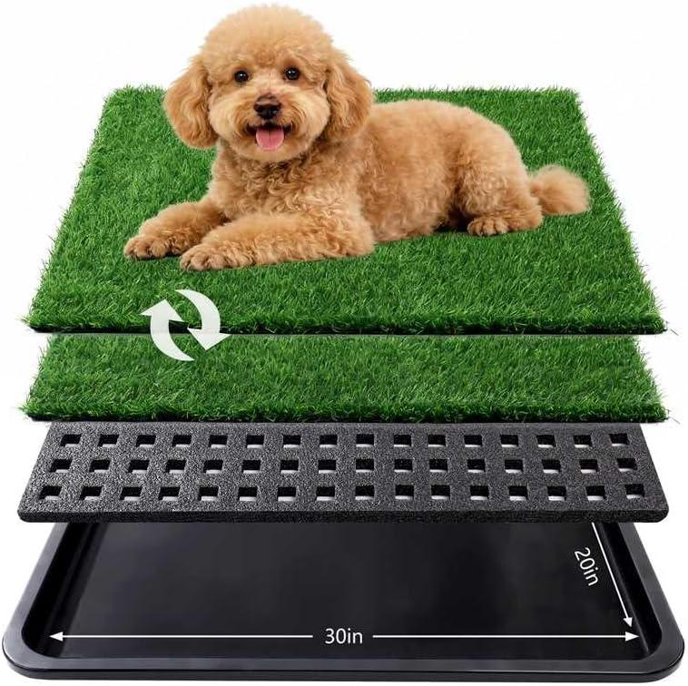 Dog Grass Pad with Tray,30x20 in Dogs Potty Tray with 2-Pack Upgraded Replacement Artificial Grass,Dog Litter Box for Pet Training,Indoor Portable Pottys Pet Toilet