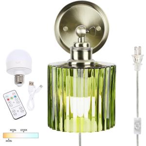 Vintage Battery Operated Wall Sconces with Green Cylinder Glass Lampshade Rechargeable Battery Powered Wall Light with Remote Bulb, Plug-in or Hardwired Wall lamp for Bedside Bedroom