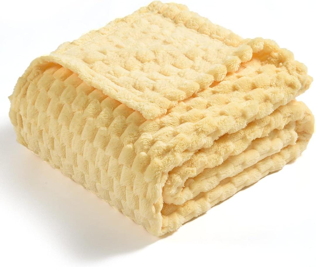 Vessia Flannel Fleece Throw Blanket(50x70 inch), 3D Jacquard Light Yellow Fuzzy and Warm Blanket for Couch,Sofa,Bed,Chair, 300GSM Super Soft Touch Cozy Lightweight Throw for All-Season Home Decor
