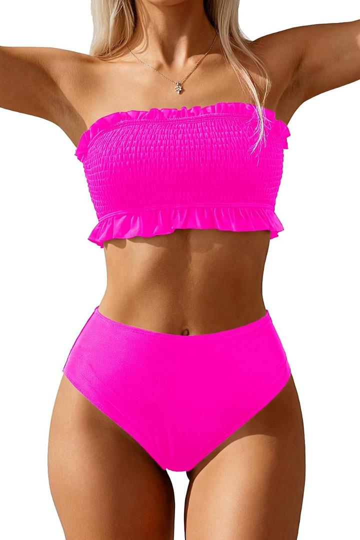 Tempt Me Women Bandeau High Waisted Bikini Sets Smocked Swimsuit Strapless Two Piece Bathing Suit,Medium Size