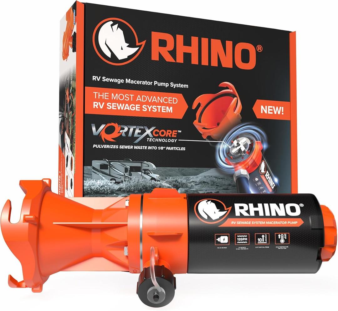 Camco Rhino Camper/RV Sewer Macerator Pump System - VortexCore Technology Grinds Sewer Waste into 1/8 Pieces - Versatile for Any Location - 4-in1 Adapter, Self-Priming Pump & 15 Water Hose (39040)
