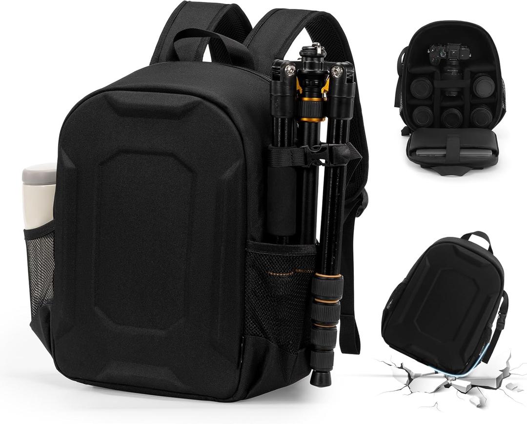 YaKuss Hard Shell Camera Backpack, Shockproof Camera Bag Case with Tripod Strap, for 14" Laptop, Camera Backpacks for Photographers,for Canon Nikon Sony SLR DSLR Mirrorless Camera, Lenses, M, Black