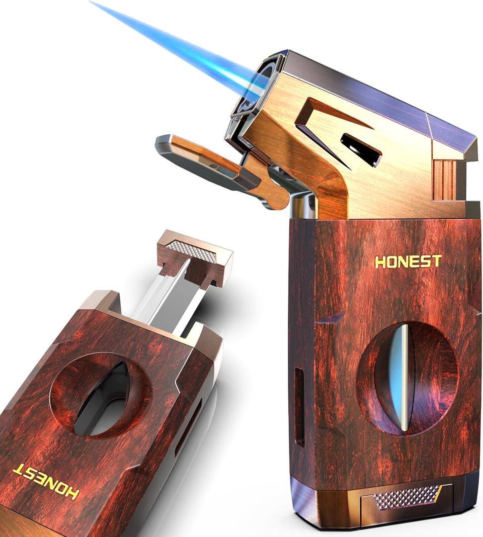 Butane Torch Lighter with V Cutter, Windproof Jet Flame Lighter Torch Refill, Adjustable Refillable Butane Lighter Gifts for Men, with Fuel Window, Butane not Include
