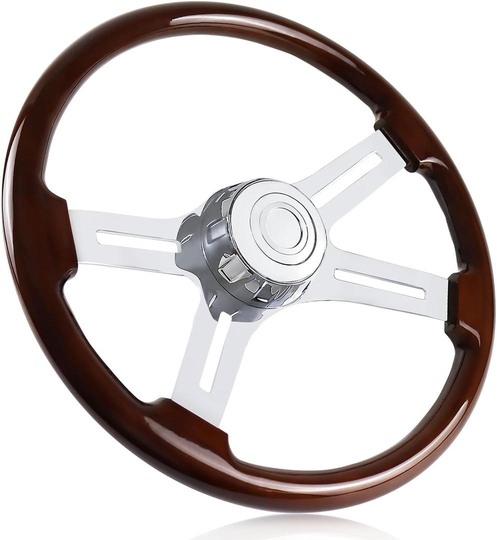 18in Wood Truck Steering Wheel, 4 Spoke Aluminum Chrome Plated Steering Wheel for Semi-Trailers, Trucks