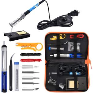 Soldering Iron Kit Electronics, 60W Adjustable Temperature Welding Tool, 5pcs Soldering Tips, Desoldering Pump, Soldering Iron Stand, Tweezers (Orange)