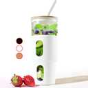 32oz Glass Tumbler with Straw & Bamboo Lid with Silicone Sleeve, Reusable Boba Smoothie Cup Iced Coffee Tumbler, Fits Cup Holder, Glass Water Bottle, BPA Free Beer Mug & Stein White.