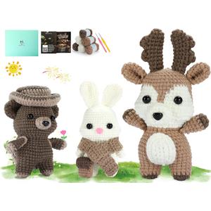 DoodleTwyst Amigurumi Crochet Kit  DIY Crochet Kit with Yarn & Tools  Fun Crochet Kits for Adults to Make Bear, Bunny & Reindeer Stuffed Animals