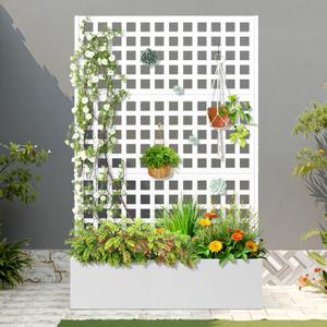 FENCY Metal Raised Garden Bed with Trellis, Metal Planter Box with Trellis, Garden Box for Climbing Plants Vegetable, 47''Lx16''Wx71''H Garden Bed with Drainage Holes(White)