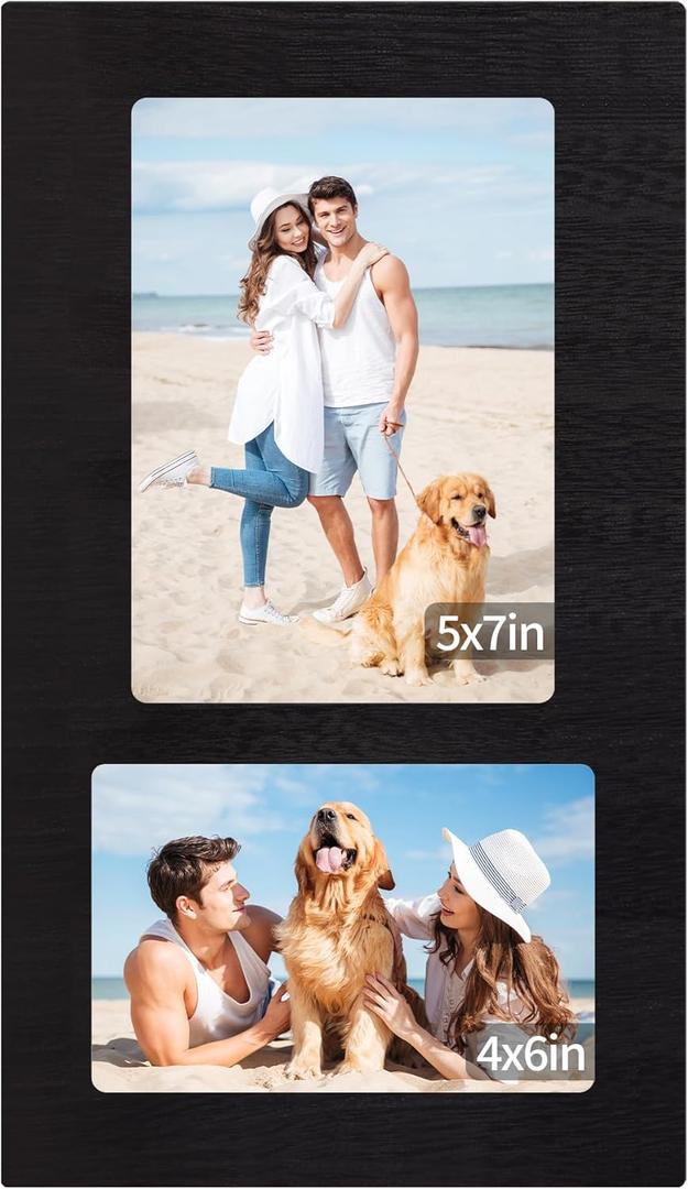 4x6 and 5x7 Collage Picture Frame - 2 Opening Picture Frames Rustic Black Wood Frame with Real Glass,Display 4 by 6 and 5 by 7 Photo Frames Wall Decor or Tabletop 1 Pack