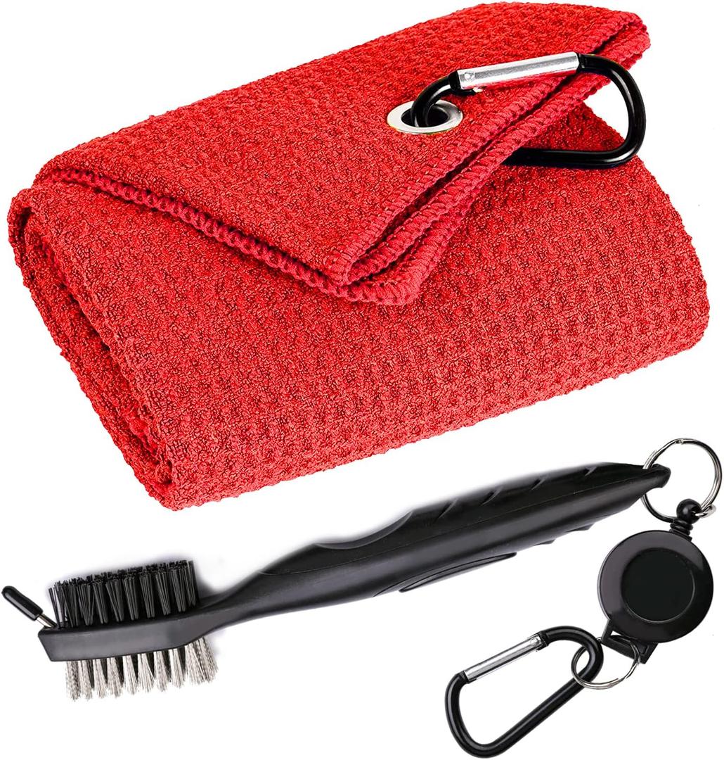 Golf Towels, Microfiber Waffle Pattern Tri-fold Golf Towel - Brush Tool Kit with Club Groove Cleaner, with Clip Men Women Golf Gifts (Red Towel+Black Brush) Golf Towels, Microfiber Waffle Pattern Tri-fold Golf Towel - Brush Tool Kit with Club Groove Cleaner, with Clip Men Women Golf Gifts (Red Towel+Black Brush)