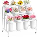 Flower Display Stand with 12 Buckets, Flower Cart White 3 Layers Metal Flowers Bar Stand with Wheels, Moving Florist Bouquet Shelf for Wedding Party Indoor Living Room Outdoor Patio Garden