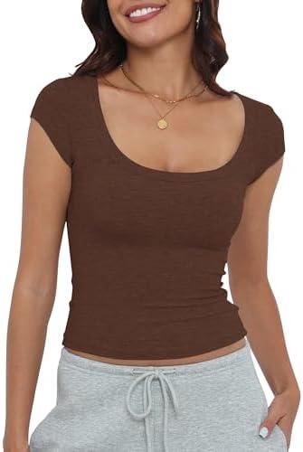 Artfish Women's Short Sleeve T-Shirts Low Scoop Neck Slim Fitted Ribbed Knit Casual Longer Crop Top, M-L