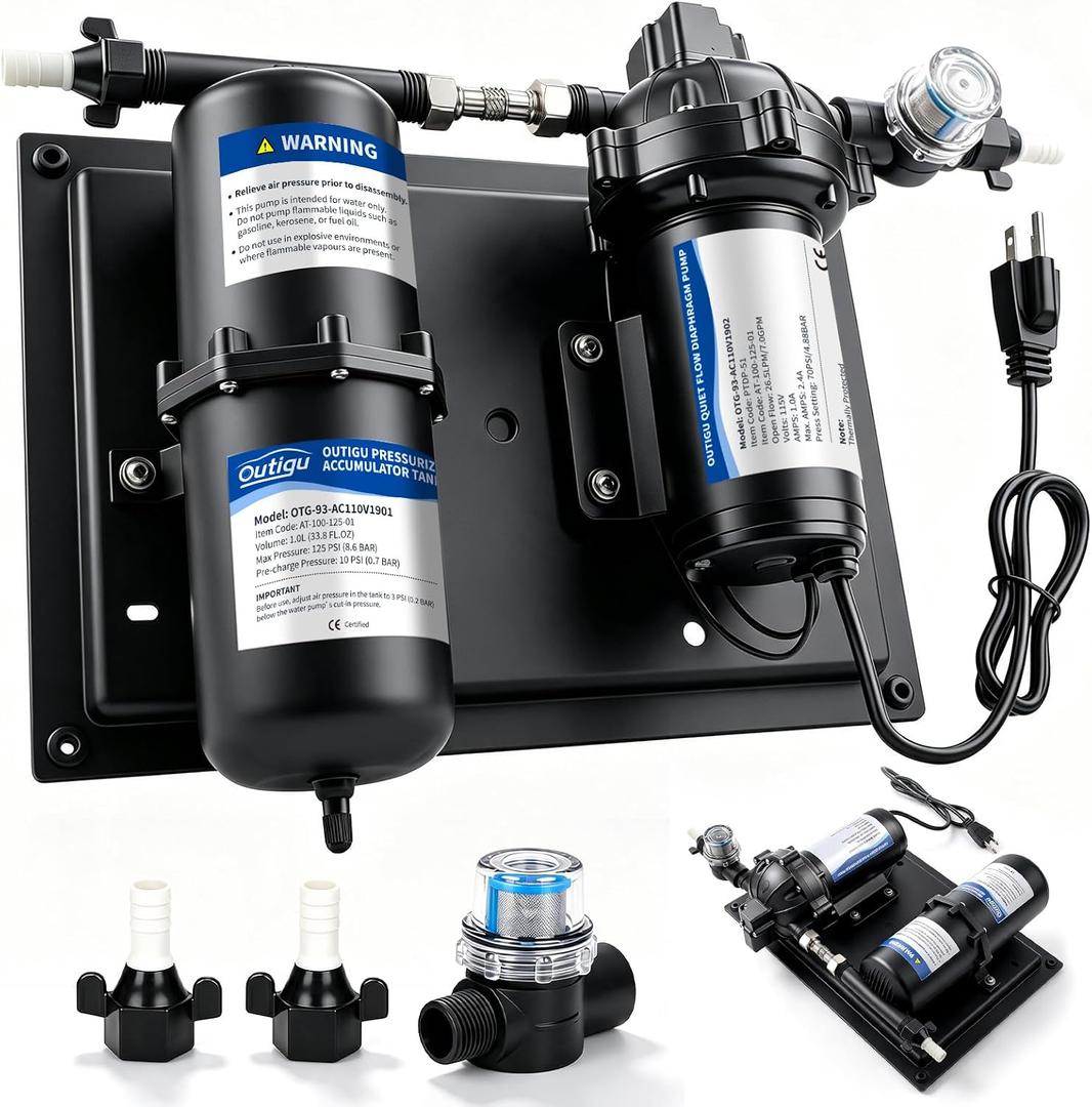Upgraded 115V RV Water Pump with 1L Accumulator Tank, 7 GPM 70 PSI Water Pressure Booster Pump, Quiet Self Priming Diaphragm Transfer Pump for RV, Camper, Cabin, Home, Garden Irrigation, Boat