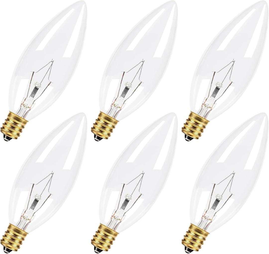 CYLYT 6-Pack E12 Candelabra Light Bulbs 40W, Dimmable Warm White 2500K Chandelier Light Bulbs for Ceiling Fan or Pendants, B10 Clear Candle Bulbs (Gold Base)