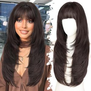 Long Dark Brown Wig with Bangs for Women, 4x4 Realistic Scalp,Free Parting, Layered Hairstyle Synthetic Heat Resistant for Daily Party Use 26 inch