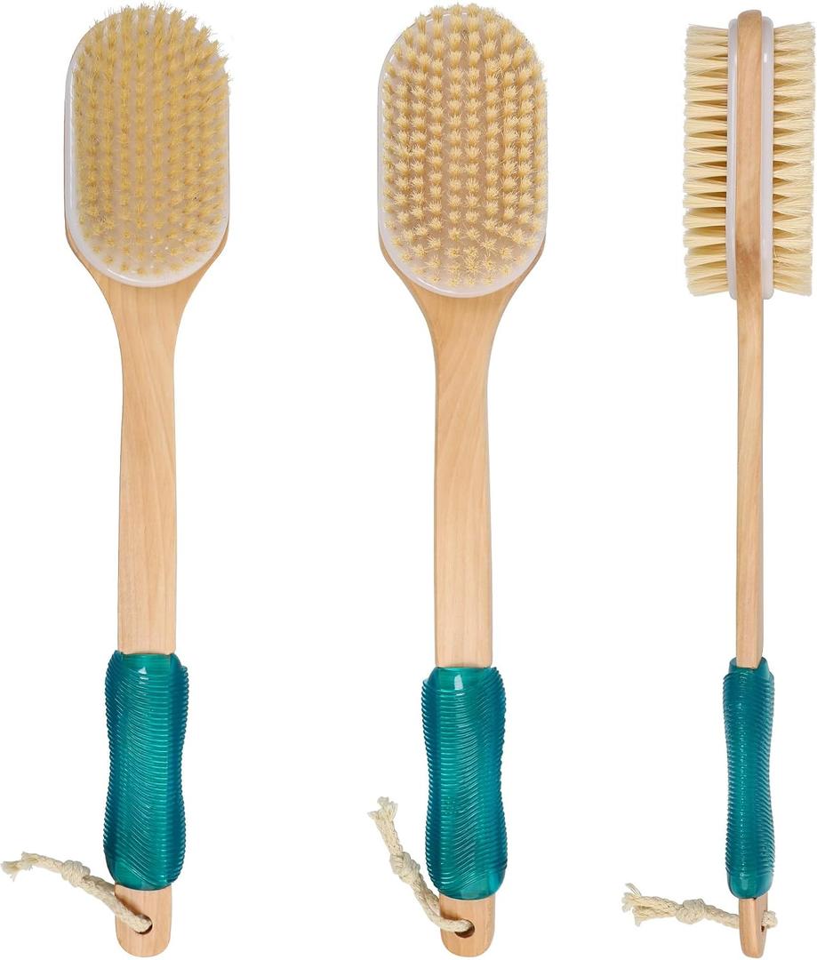 OWIIZI Back Scrubber for Shower with Soft and Stiff Boar Bristles Dual-Sided Wooden Long Handle Antiskid Body Bath Brush for Back Use Wet or Dry,Deep Cleanse Large Surface Back Scrub Brush