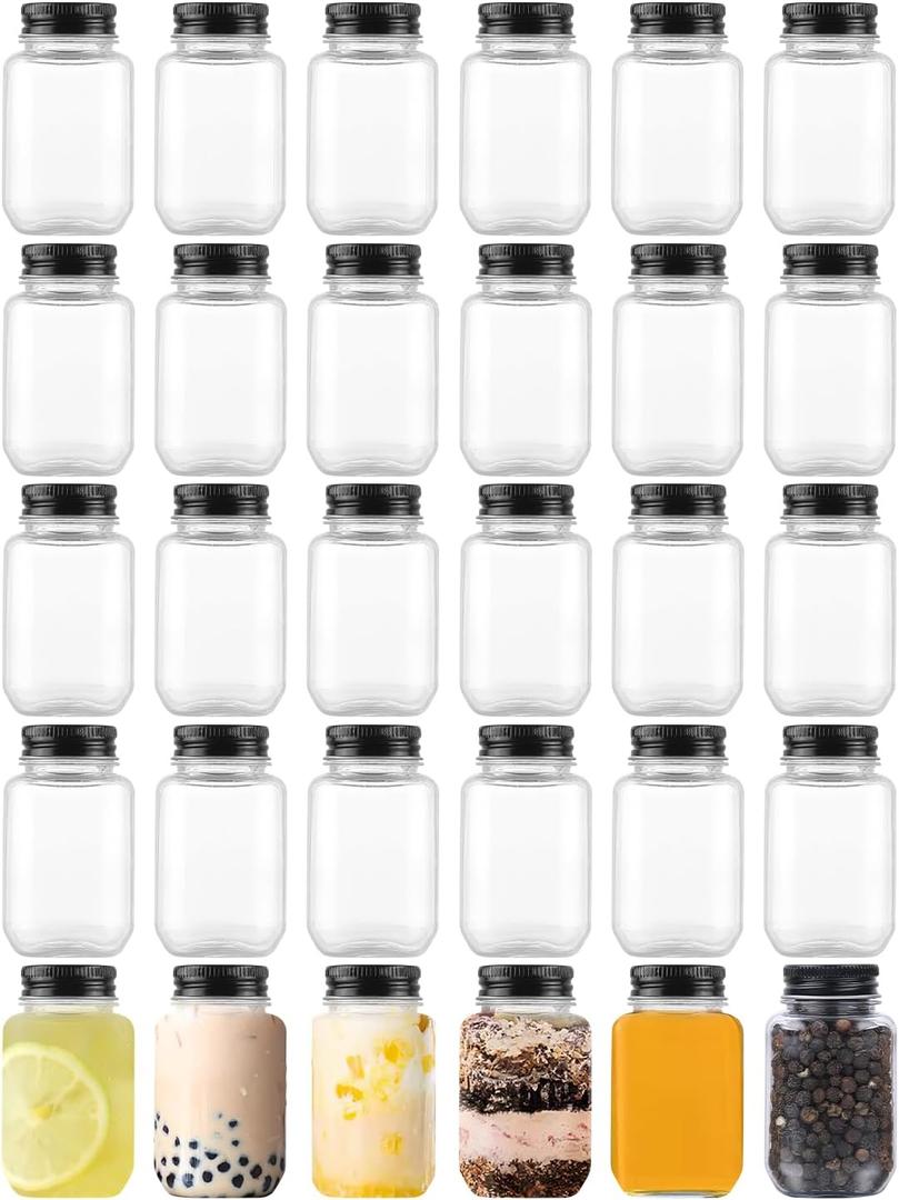 novelinks 2oz Plastic Mason Jars with Black Lids  30 Pack Small Clear Jars for Spices, Honey, Jam, DIY Crafts, Beads & Storage  Mini Containers with Sleek Design