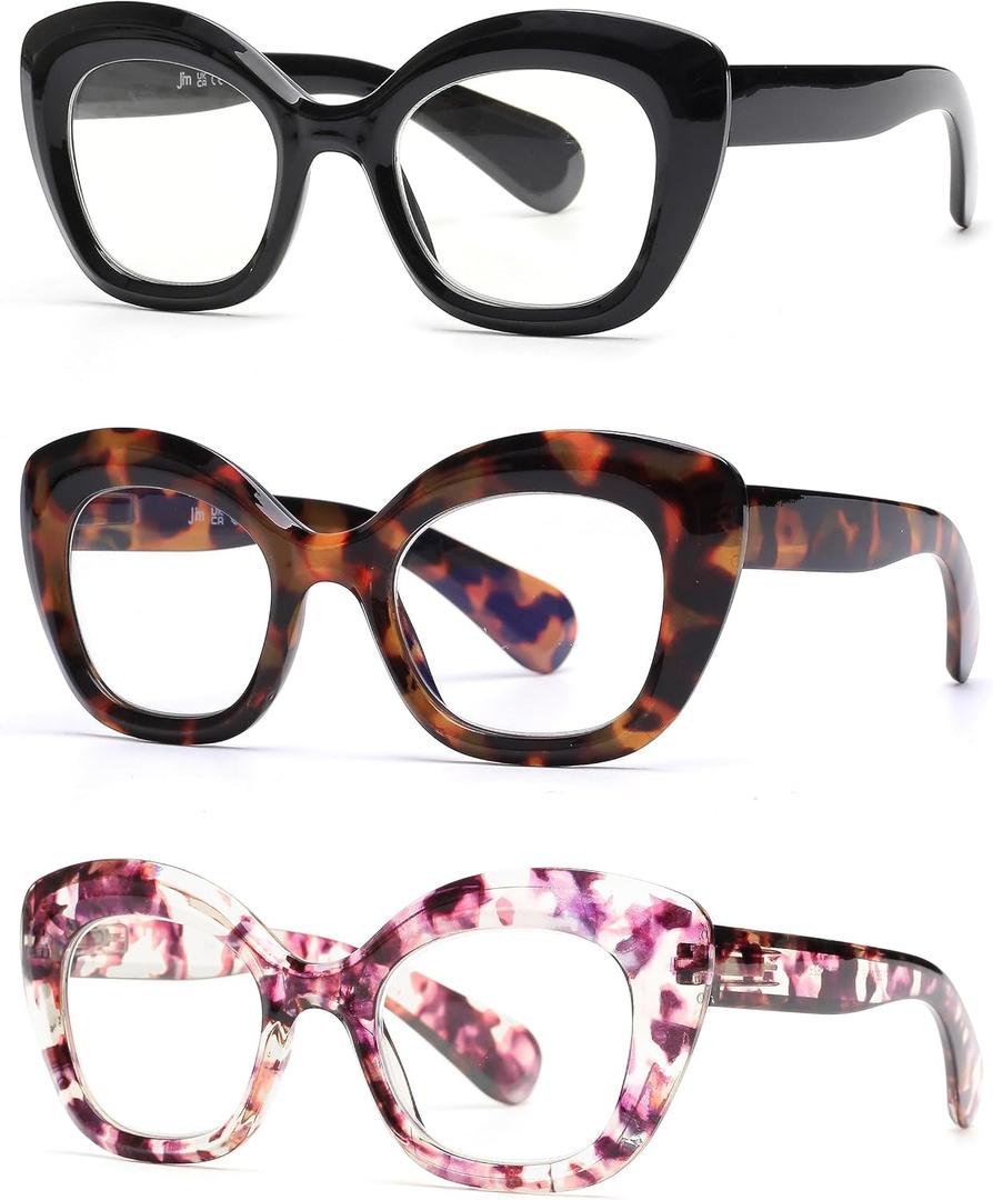 JM 3 Pack Oversized Cat Eye Reading Glasses for Women Funky Blue Light Flexible Cateye Readers +2.25