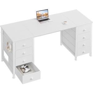 White Computer Desk with Drawers on Both Sides for Home Office, 55 inch Girls Teens Desks with Storage Writing Study Table for Bedroom, Makeup Vanity Desks Without Mirror,8 Fabric Drawer