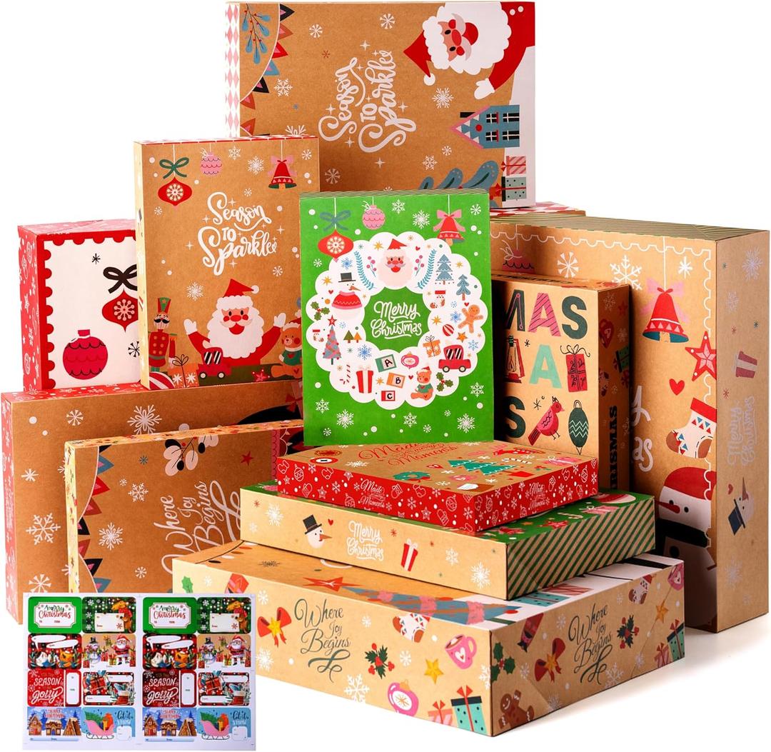 JOYIN 12 PCS Christmas Shirt Gift Boxes with Lids for Presents, Large Robe Cardboard Boxes, Xmas Classic Decorative Box for Clothes, Birthday Holiday Wedding Gift Wrapping Decor, Hat, Sweater and Coat