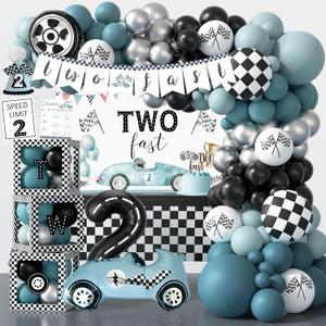 Two Fast Birthday Decorations, 2nd Birthday Decoration for Boys, Race Car Party Supplies for 2 Year Old with Balloon Garland Backdrop Tablecloth Box Crown Cake Topper