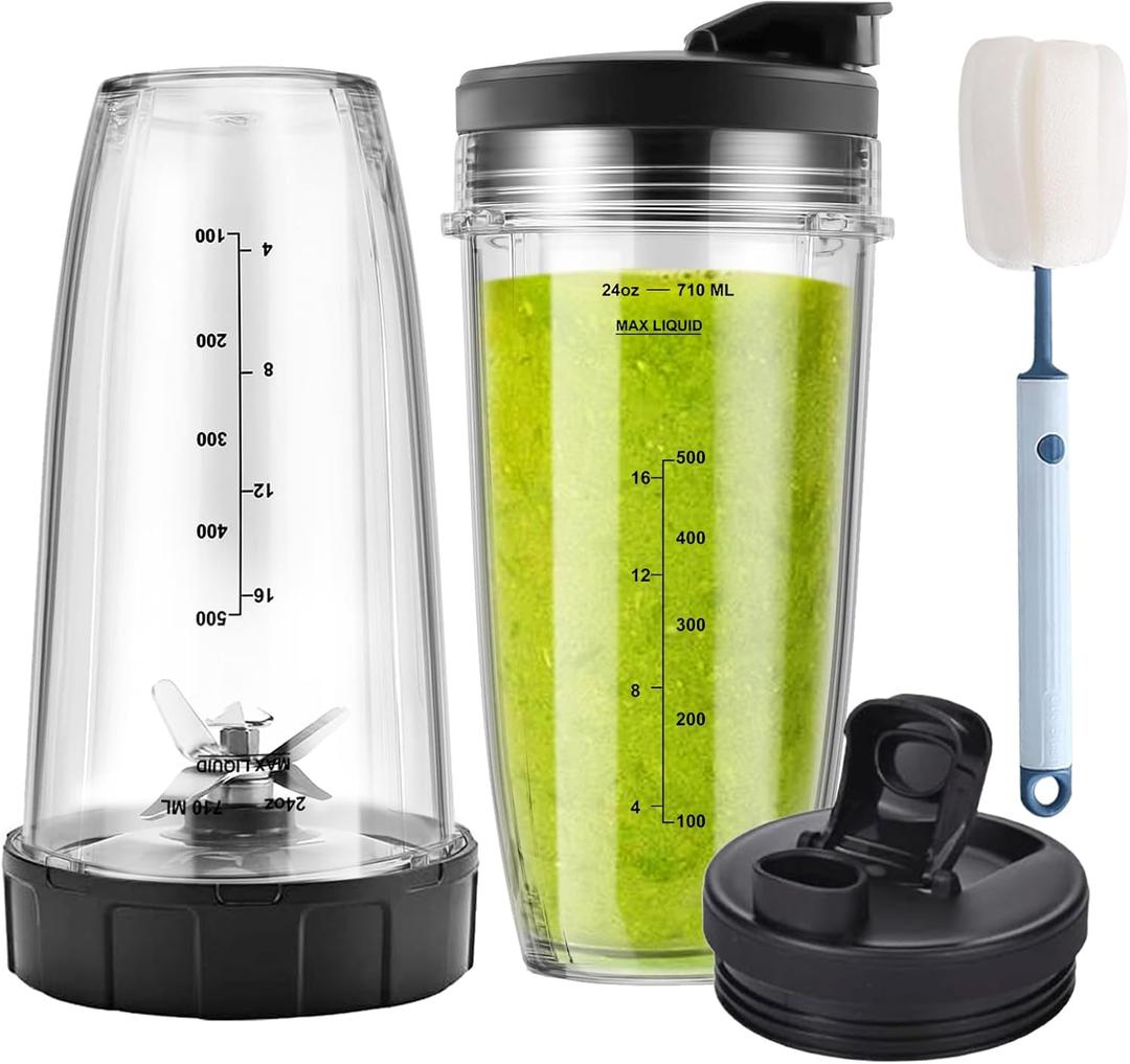 Ninja Blender Cups Replacement and Blade 6pcs, 24oz Ninja Cups for Blender and 7Fins Blade Replacement, Ninja Blender Replacement Parts for Auto iQ BL642-30 BL450-30 BL482-30 BL687CO-30 ect.