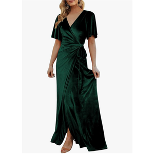 CYiNu Women's Wrap Velvet Maxi Dress V Neck Bell Sleeve Split Elegant Cocktail Party Dress XL