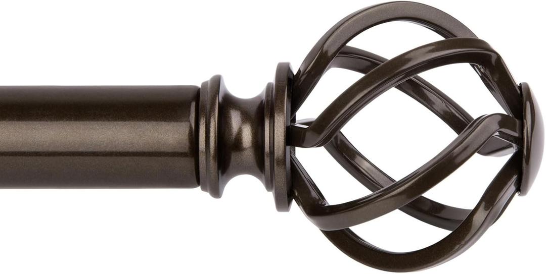 KAMANINA Bronze Curtain Rod 32 to 58 inch(2.6-4.8ft), Adjustable Decorative 1 inch Curtain Rods for Windows 28 to 48 inch, Single Drapery Rod with Twisted Cage Finials