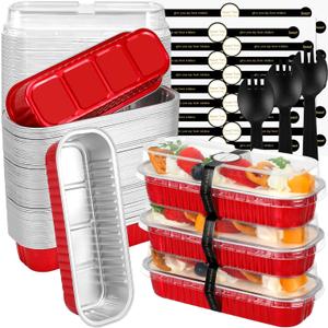 Mini Loaf Pans with Lids and Spoons (100 Pack, Red, 6.8oz) Rectangular Aluminum Foil Baking Pans