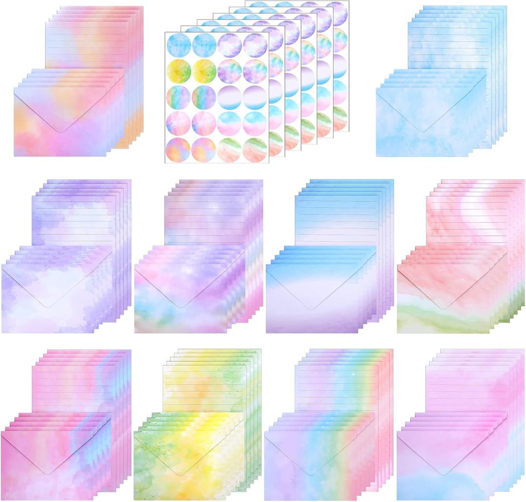 320 Packs Watercolor Stationery Paper and Envelope Set, (100 Double Sided Stationary Writing Papers+100 Matching Envelopes+120 Round Dot Sticker) 10 Design, Pen Pal Supplies (5.5 x 8.25 Inch)