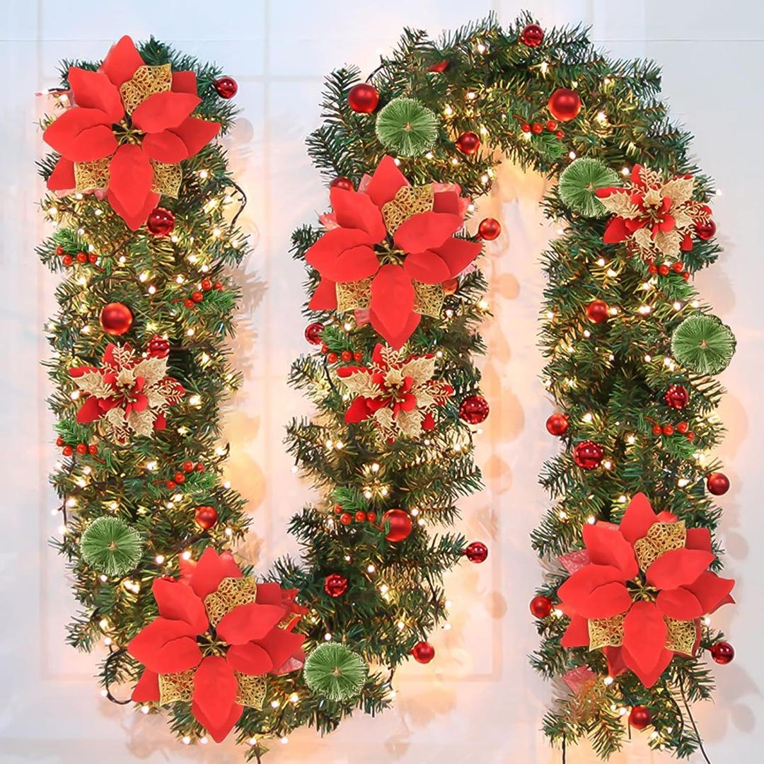Christmas Garlands,2.7M/ 9FT Christmas Garland,Christmas Garland with Lights, and Berries and Balls,for Fireplaces,Stairs, Interior Decoration,Christmas Decoratio