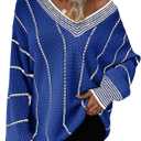Dokotoo Womens Oversized Striped Tunic Sweaters Casual V Neck Long Sleeve Color Block Knit Pullover Jumper Tops (Medium, Dark Blue)