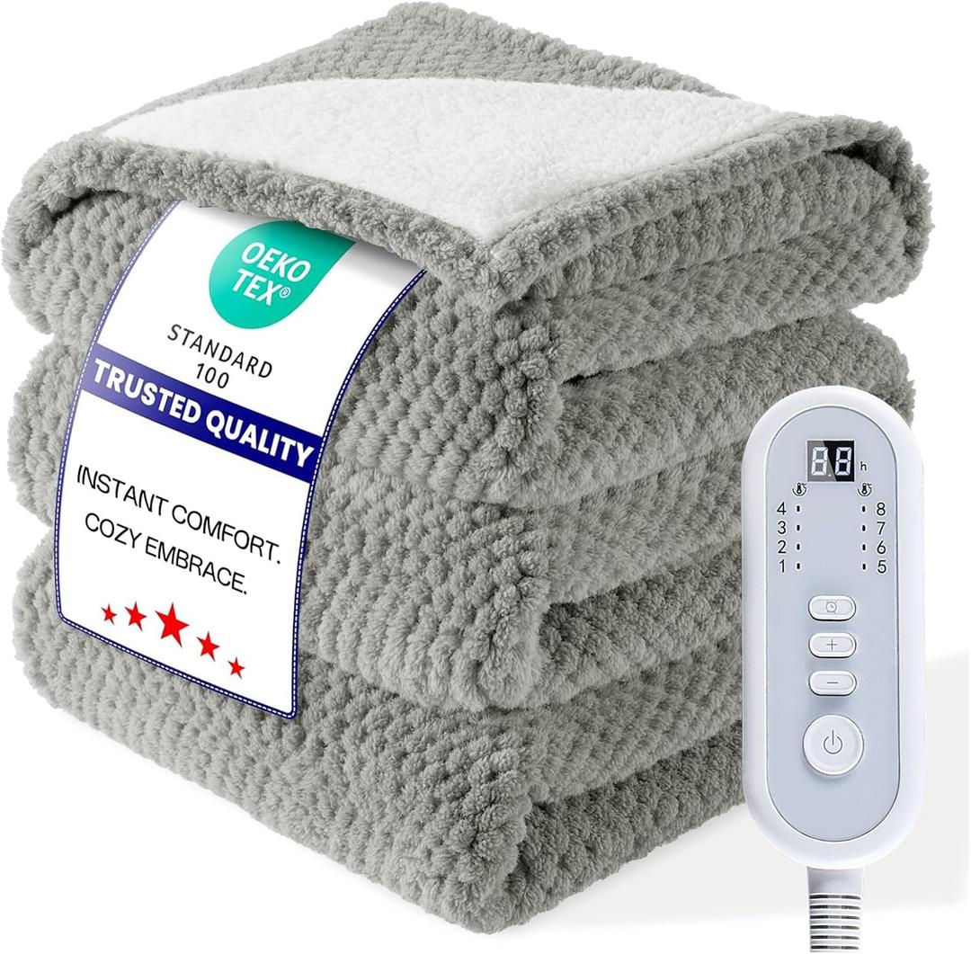 Heated Blanket Electric Throw, 50" x 60" Heated Blanket with 8 Heat Levels & 8 Hours Auto Off, Fast Heating Sherpa Blankets Machine Washable with ETL & FCC Certified, Grey
