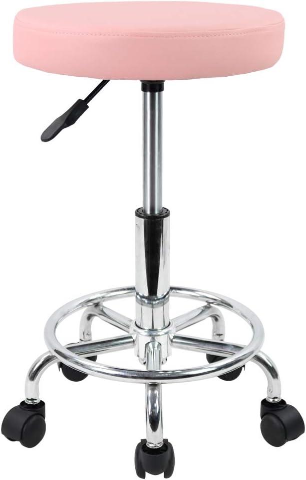 KKTONER PU Leather Round Rolling Stool with Foot Rest Swivel Height Adjustment Spa Drafting Salon Tattoo Work Office Massage Stools Task Chair Cushion 14 inches(Pink)