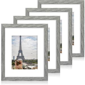 11x14 Picture Frame Set of 4, Made of Real Glass and Grey Wooden Frame, Display 8x10 Pictures with Mat or 11 x 14 Posters without Mat for Wall Mounting, Gallery Photo Frames