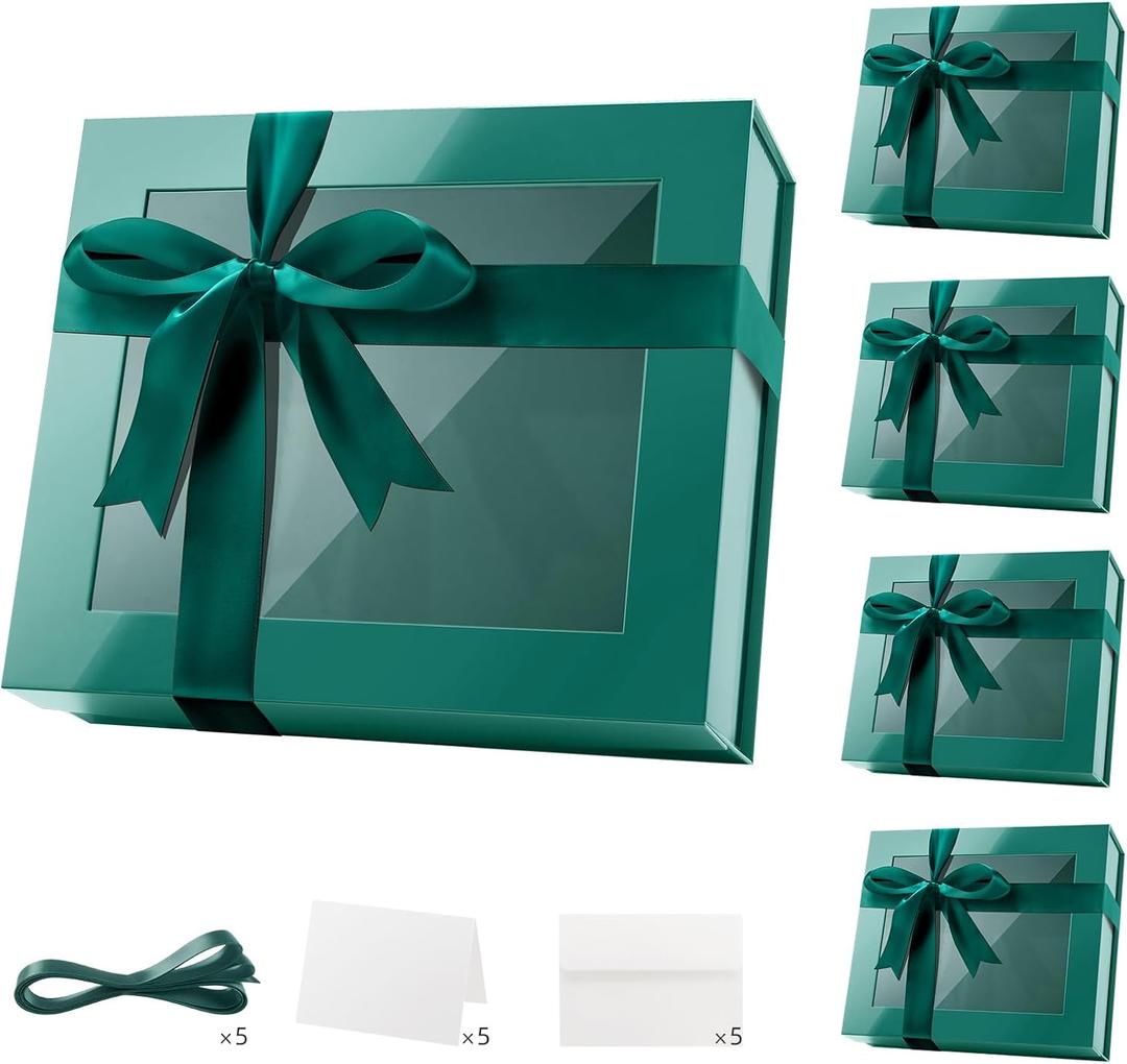 PACKQUEEN 5 Extra Large Magnetic Green Gift Boxes with Window 16.3x14.2x5In, 17 inches × 14.5 inches × 5.5 inches