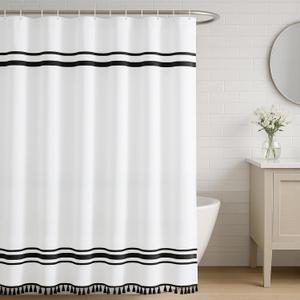 Seasonwood Black and White Shower Curtain Farmhouse Shower Curtain Striped Shower Curtains for Bathroom Sets Boho Shower Curtains with Tassels Modern Bathroom Curtains Decor Waterproof Fabric 72"x72"