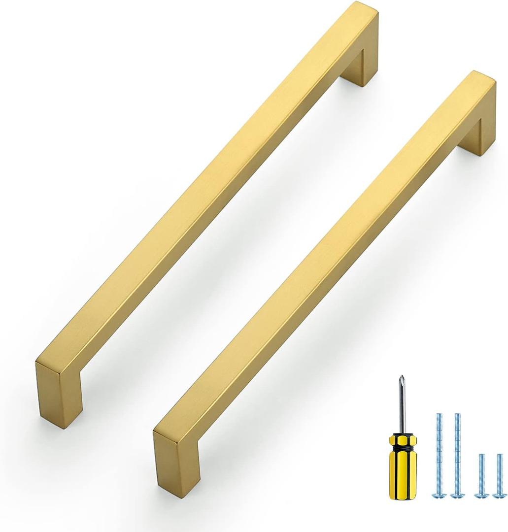 Ravinte 3 Pack Gold Cabinet Pulls 8 Inch Brushed Brass Kitchen Cabinet Handles Gold Square Kitchen Hardware for Drawer Pulls Come with Screwdriver
