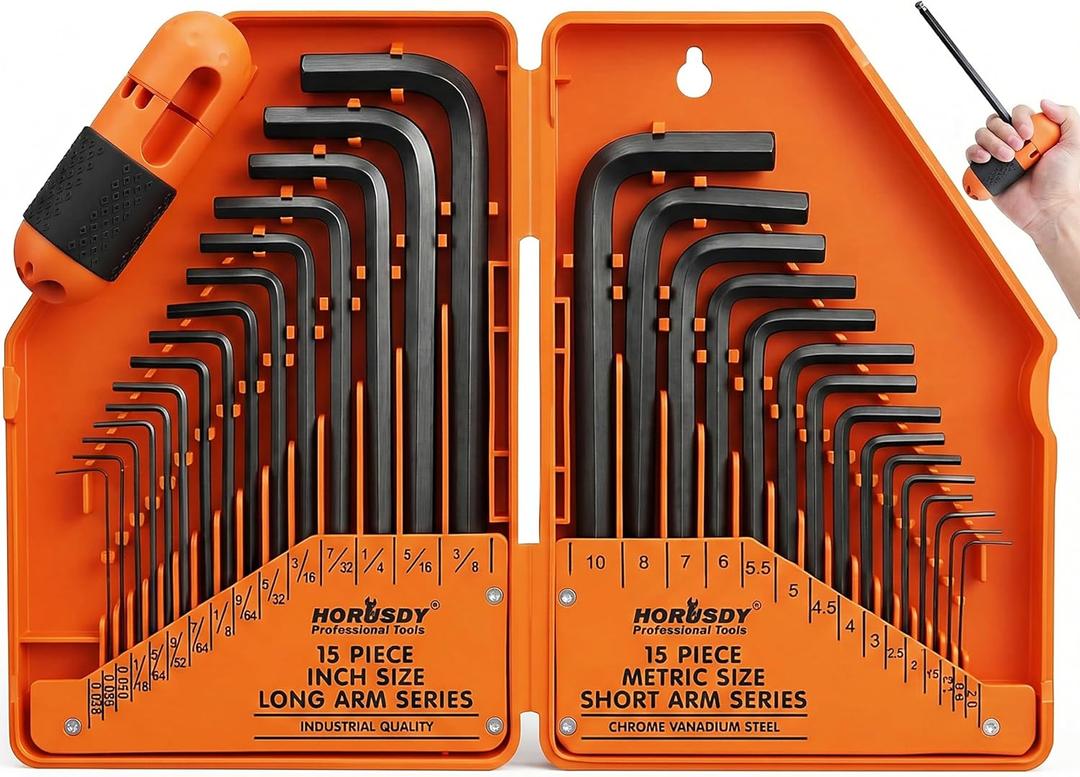 HORUSDY 32-Piece Hex Key Set with Another Torque Handle, Allen Wrench Set Inch/Metric MM(0.7mm-10mm) SAE(0.028"-3/8)