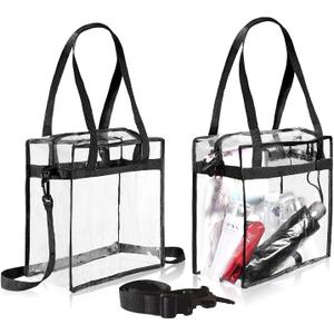 BAGAIL Clear Bags Stadium Approved Clear Tote Bag with Zipper Closure Crossbody Shoulder Bag with Adjustable Strap(12x12x6in) (Black Two Pack)