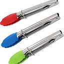 Premium Kitchen Tongs with Silicone Tip, Mini Metal Cooking Tongs, Non-Stick, Stainless Steel, Heat Resistant Locking Tongs for Cooking, Barbecue, Salad, Grilling, Frying (3pcs) (Multicolor)