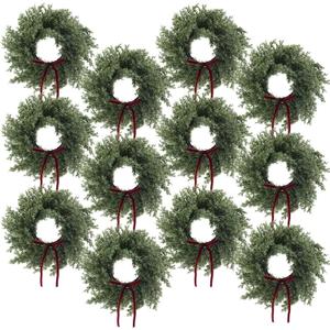 12 Set 12 Inches Christmas Pine Wreath with Red Bow, Cedar Wreaths with Bows Realistic Christmas Decorations for Holiday Xmas Party, Wall, Window, Outdoor Indoor