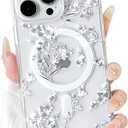 NITITOP Compatible with iPhone 14 Pro Case Clear Magnetic Compatible with MagSafe Cute Flowers Floral Leaves for Women Girls Hard PC Back Shockproof Protective Phone Cover - White